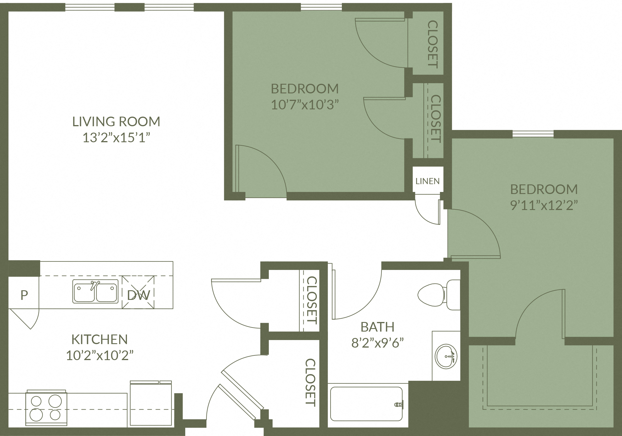 Floor plan for 2 beds, 1 bath, 899 sqft