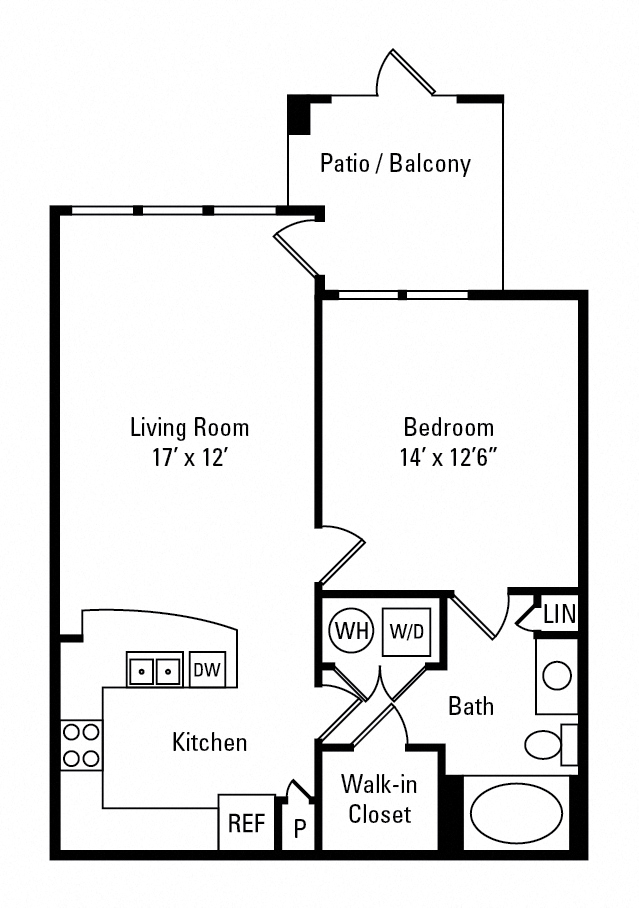 Floor plan for 1 bed, 1 bath, 734 sqft