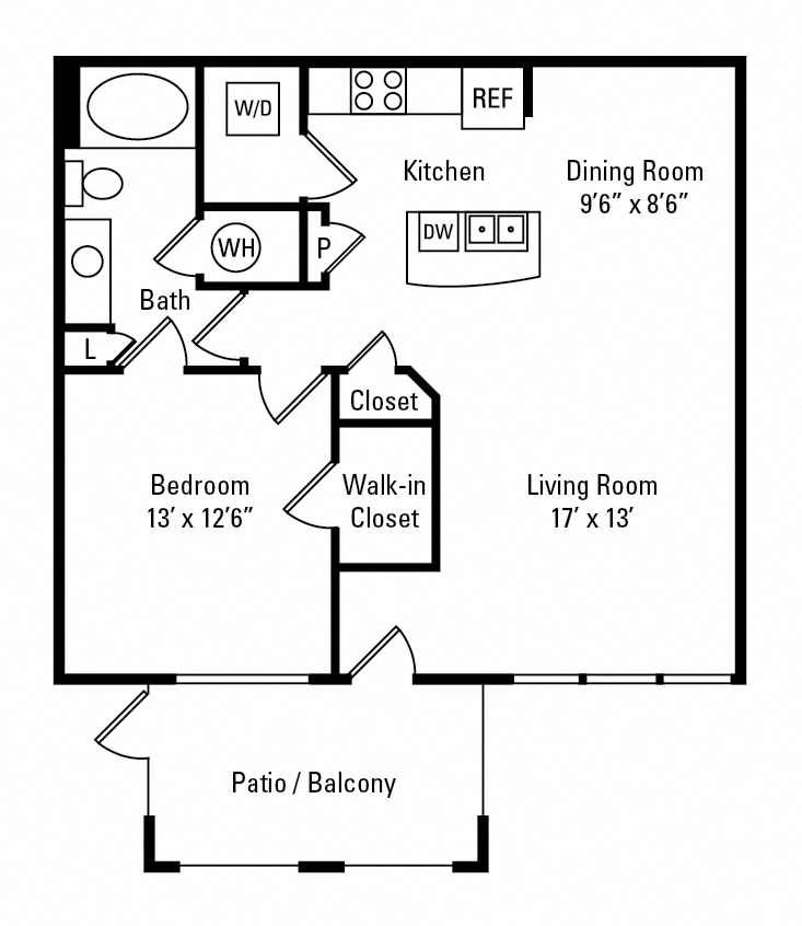 Floor plan for 1 bed, 1 bath, 810 sqft