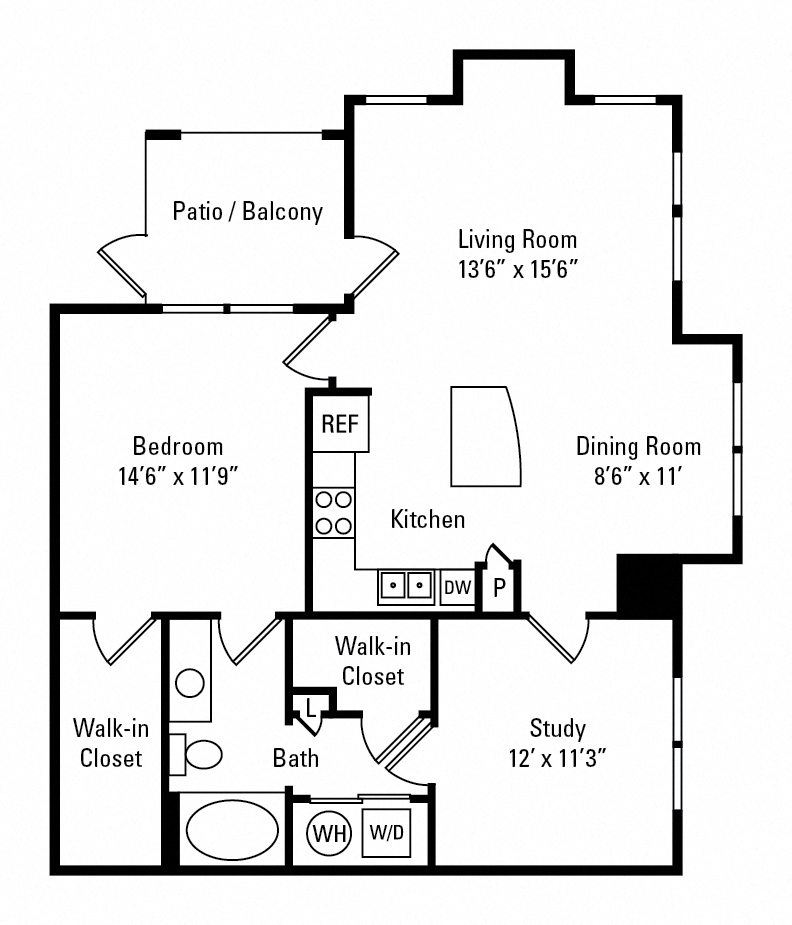 Floor plan for 1 bed, 1 bath, 1005 sqft