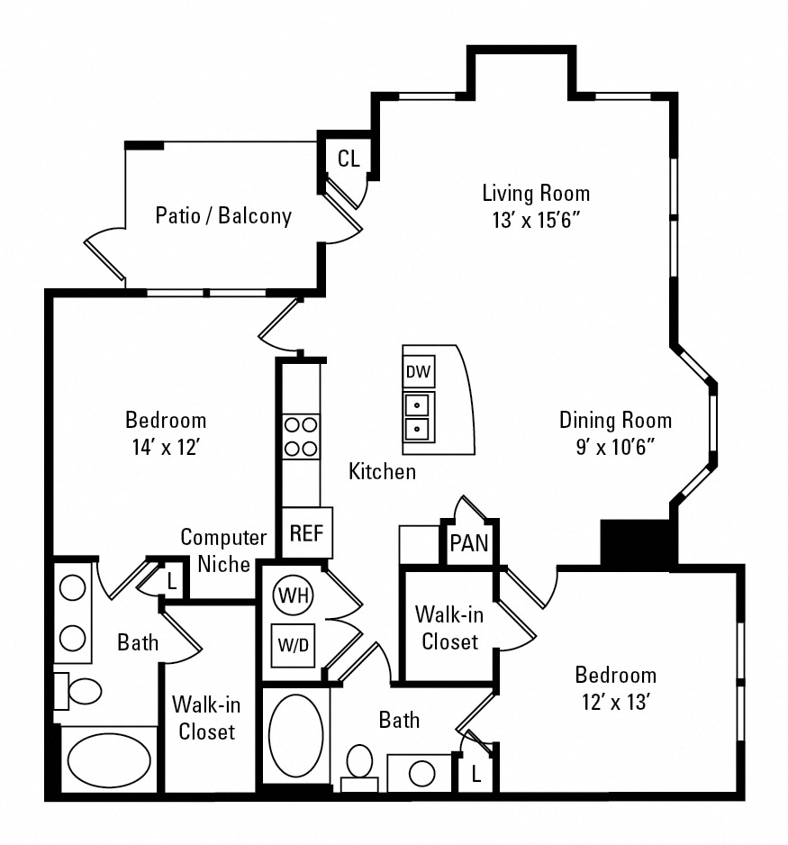 Floor plan for 2 beds, 2 baths, 1161 sqft