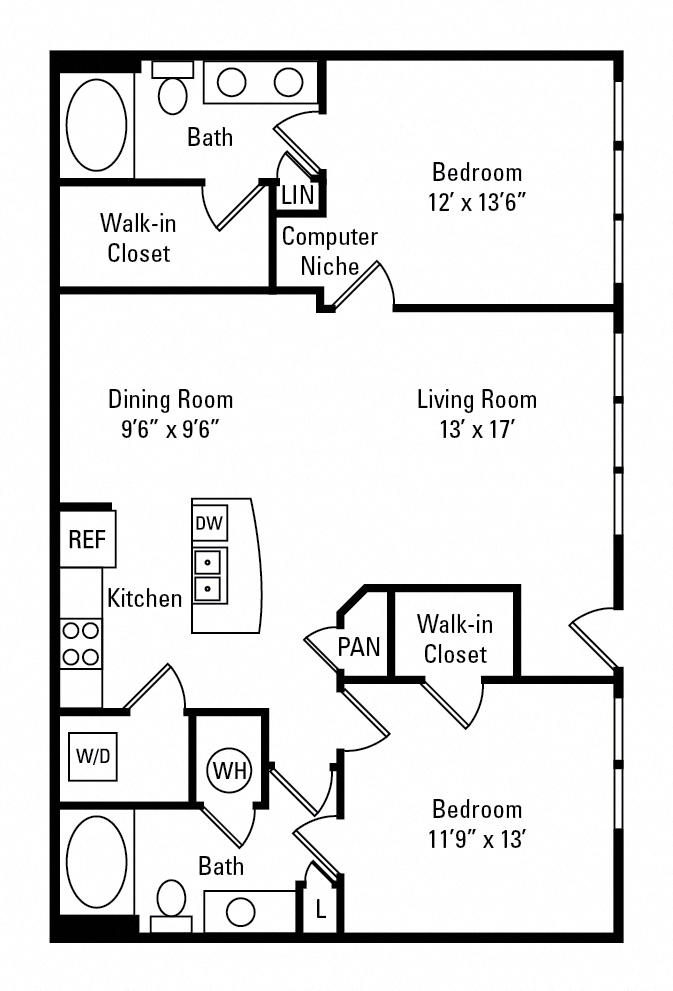 Floor plan for 2 beds, 2 baths, 1161 sqft