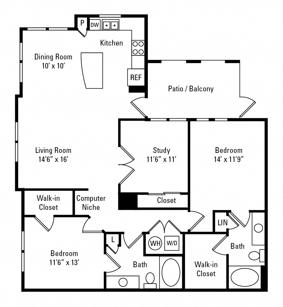 Floor plan for 2 beds, 2 baths, 1368 sqft