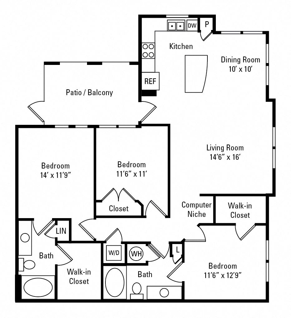 Floor plan for 3 beds, 2 baths, 1368 sqft