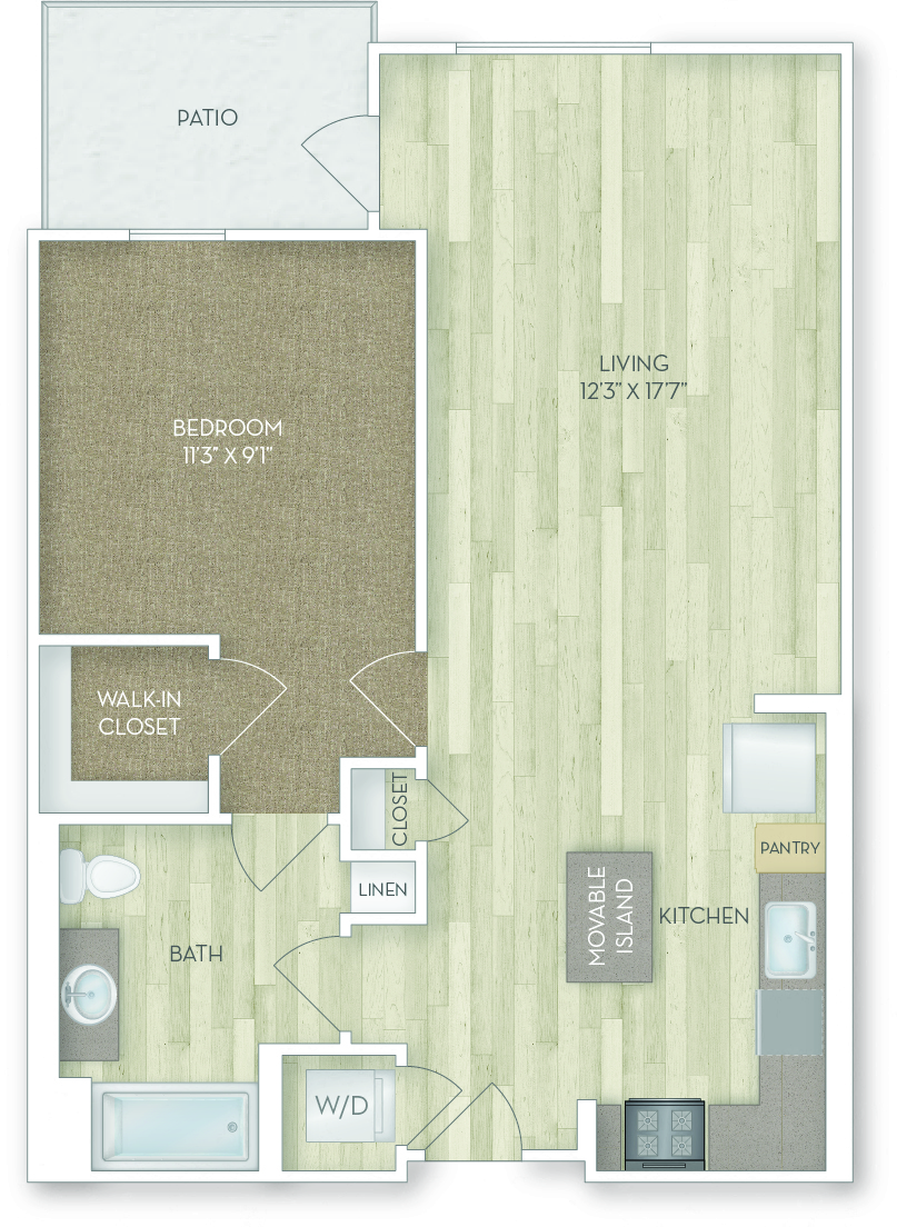 Floor plan for 1 bed, 1 bath, 769 sqft