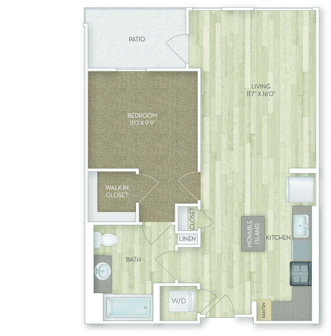 Floor plan for 1 bed, 1 bath, 723 sqft