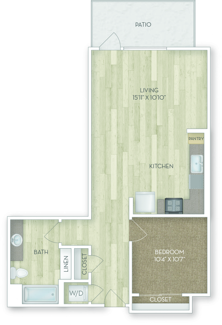 Floor plan for 1 bed, 1 bath, 778 sqft