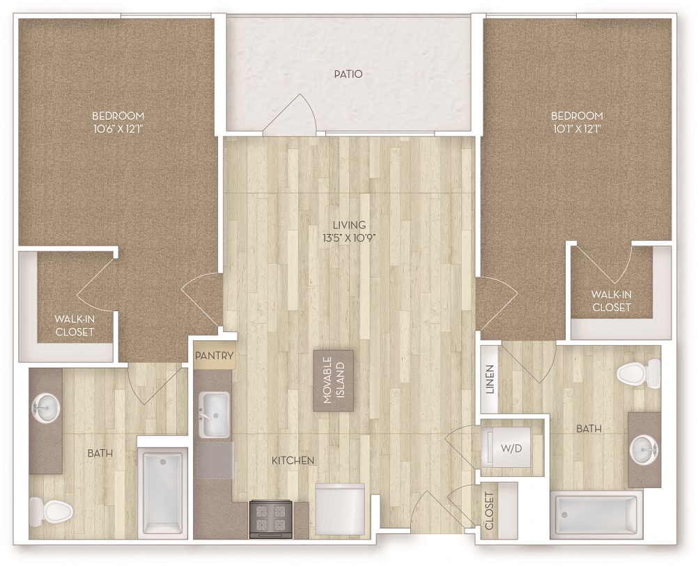 Floor plan for 2 beds, 2 baths, 1002 sqft