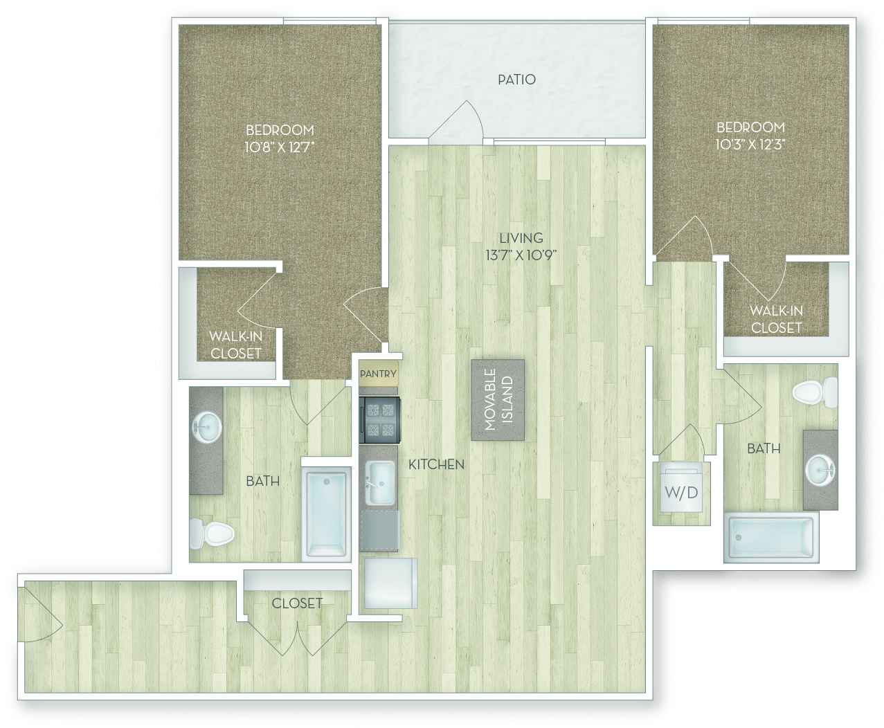 Floor plan for 2 beds, 2 baths, 1244 sqft