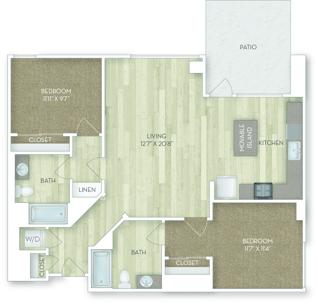 Floor plan for 2 beds, 2 baths, 1173 sqft