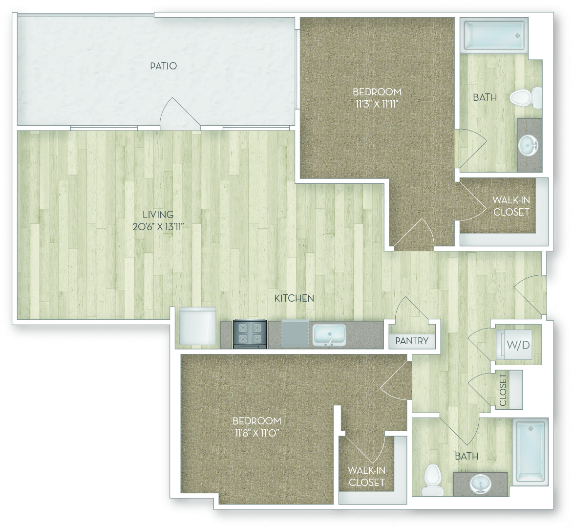 Floor plan for 2 beds, 2 baths, 1164 sqft