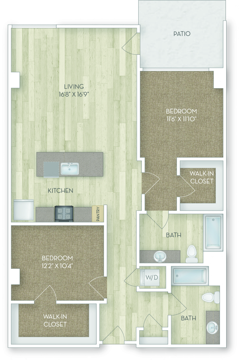 Floor plan for 2 beds, 2 baths, 1253 sqft