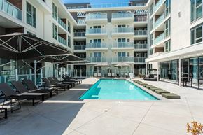 Pasadena apartment for rent - A swimming pool surrounded by lounge chairs and umbrellas in a courtyard.