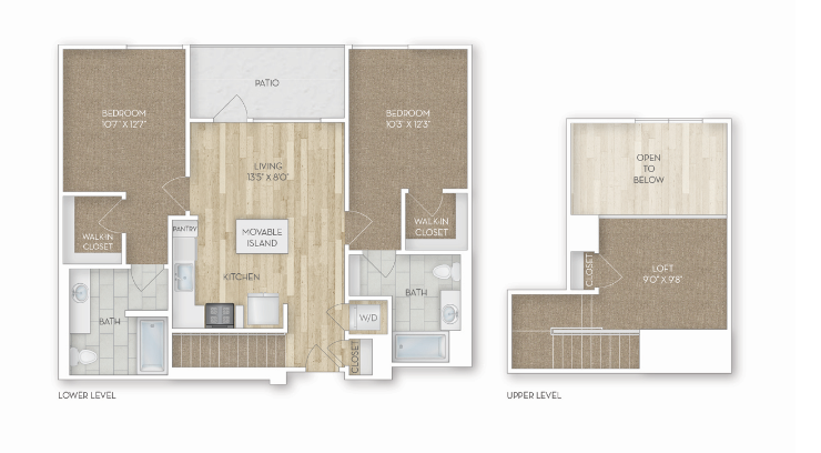 Floor plan for 2 beds, 2 baths, 1169 sqft