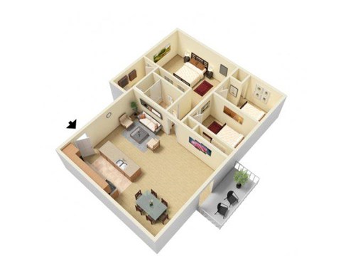 Floor plan for 3 beds, 1.5 baths, 1000 sqft