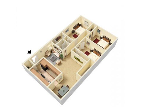 Floor plan for 3 beds, 2 baths, 1000 sqft