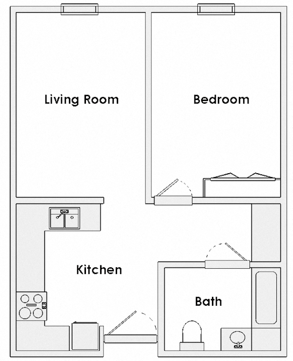 Floor plan for 1 bed, 1 bath, 528 sqft