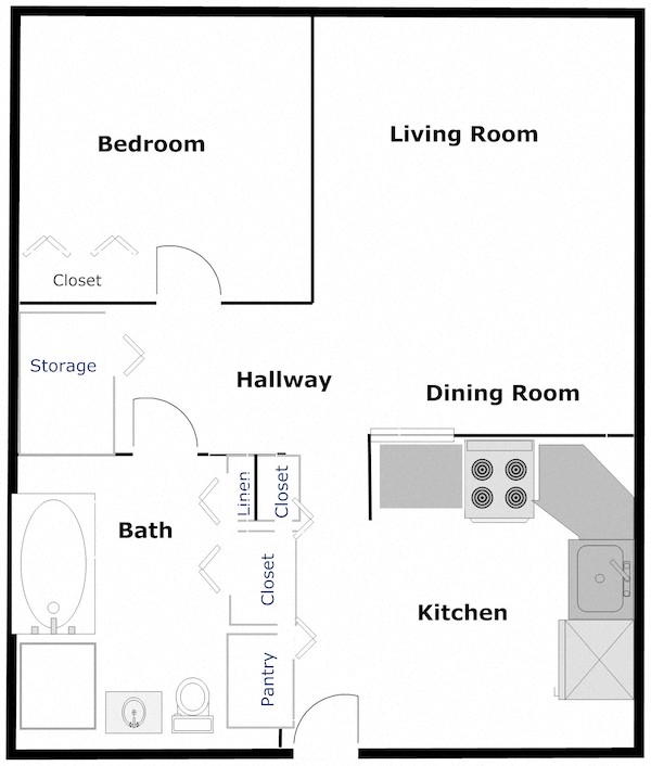 Floor plan for 1 bed, 1 bath, 528 sqft