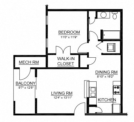 Floor plan for 1 bed, 1 bath, 777 sqft