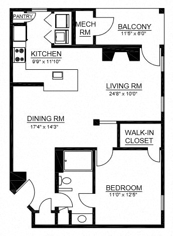Floor plan for 1 bed, 1 bath, 917 sqft