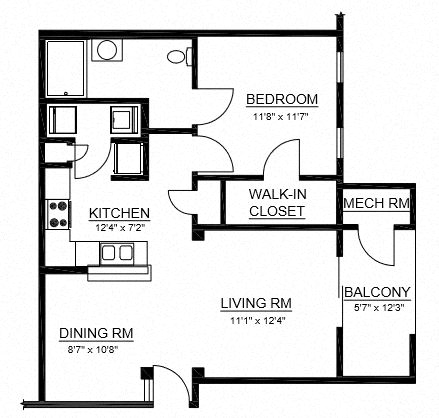 Floor plan for 1 bed, 1 bath, 872 sqft