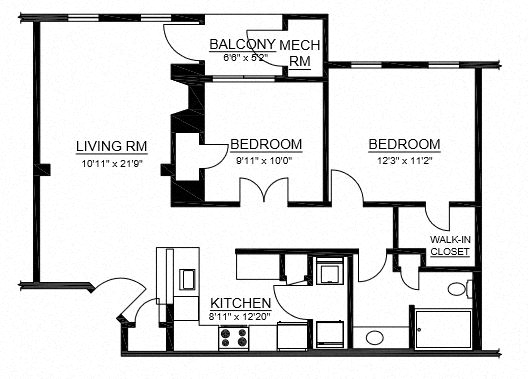 Floor plan for 2 beds, 1 bath, 974 sqft