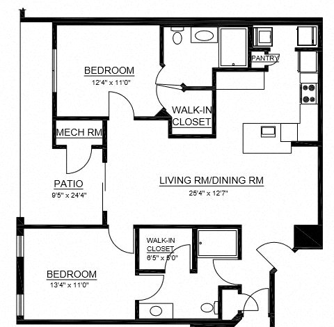 Floor plan for 2 beds, 2 baths, 1283 sqft