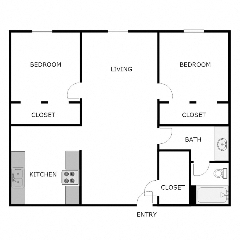 Floor plan for 2 beds, 1 bath, 900 sqft