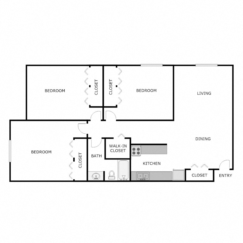 Floor plan for 3 beds, 1 bath, 1000 sqft