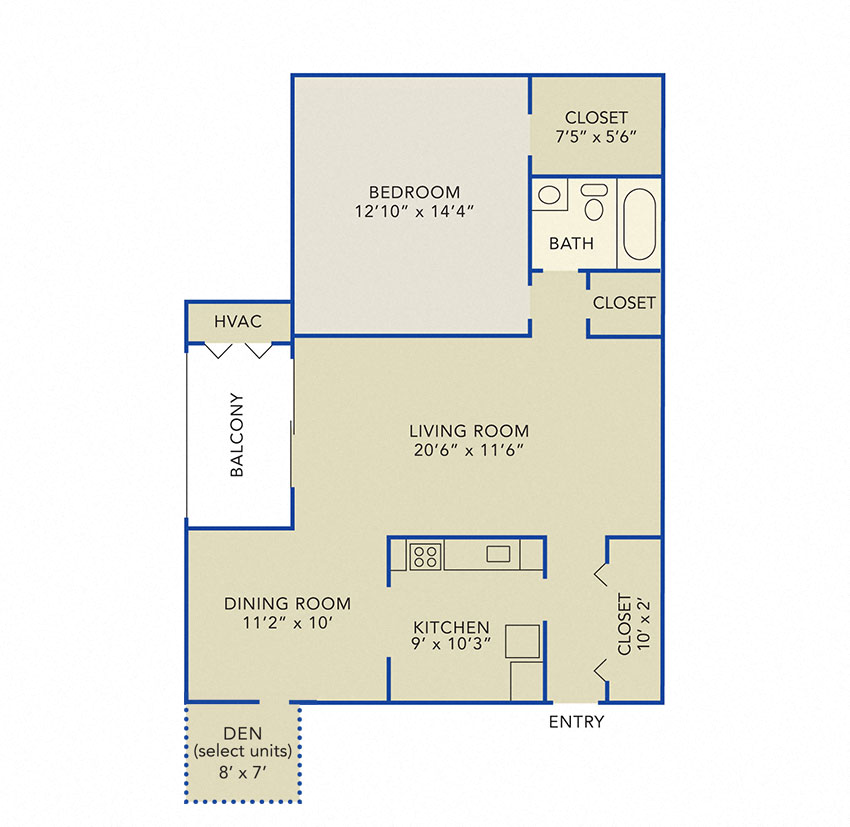 Floor plan for 1 bed, 1 bath, 984 sqft