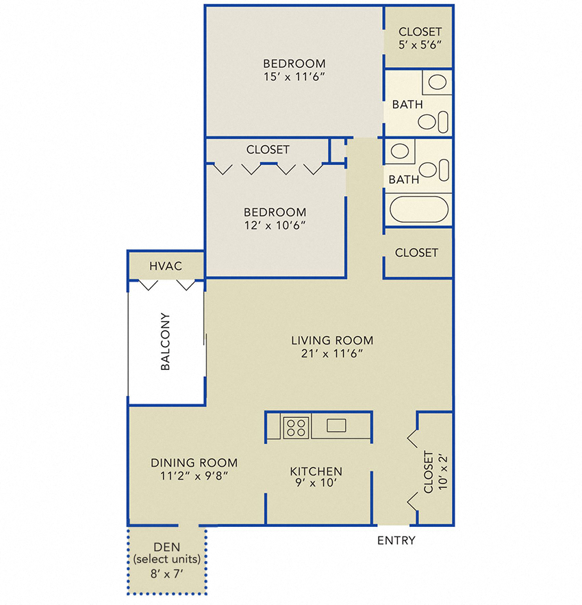 Floor plan for 2 beds, 2 baths, 1129 sqft