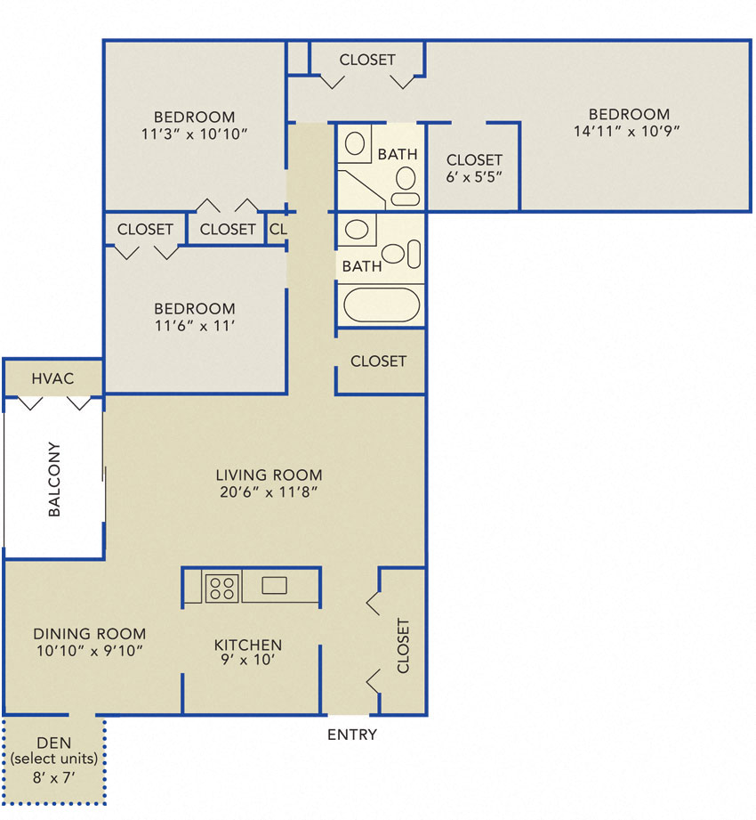 Floor plan for 3 beds, 2 baths, 1400 sqft