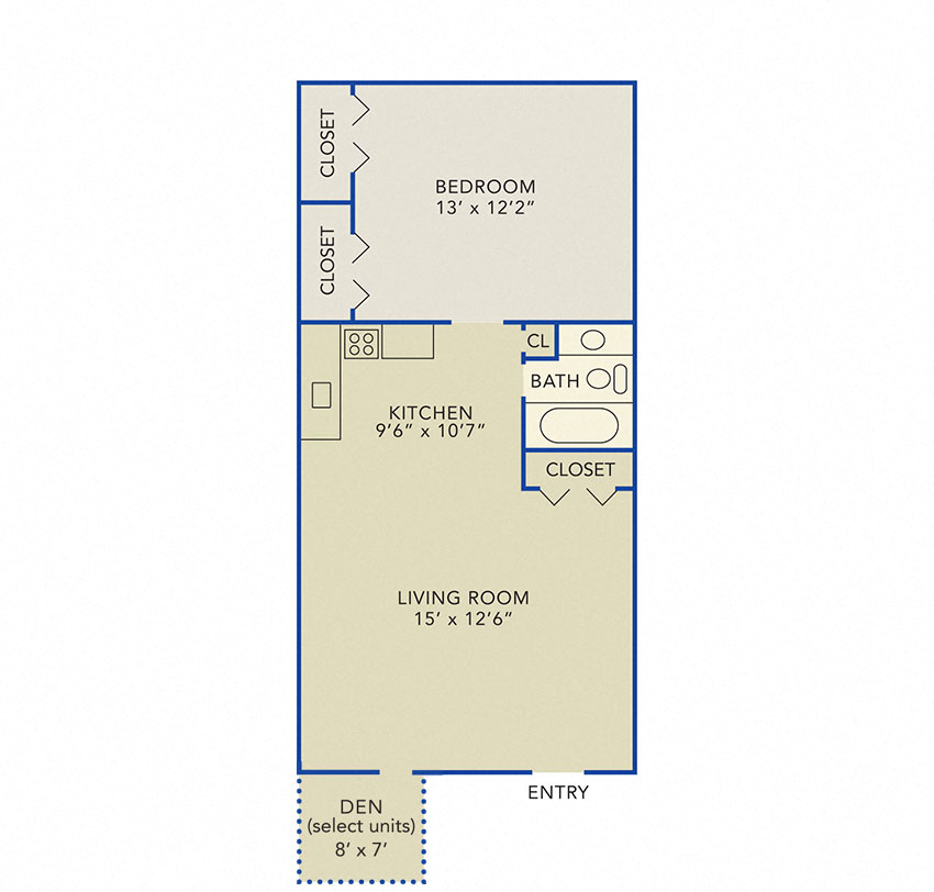 Floor plan for 1 bed, 1 bath, 700 sqft