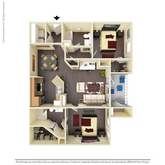 Floor plan for 2 beds, 2 baths, 989 sqft