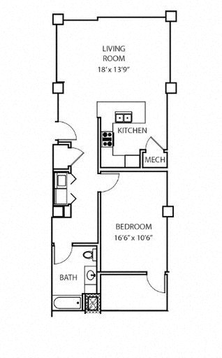 Floor plan for 1 bed, 1 bath, 910 sqft