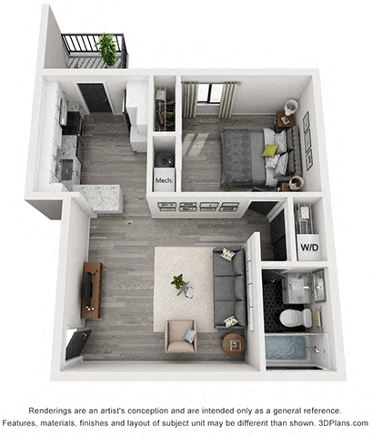 Floor plan for 1 bed, 1 bath, 700 sqft