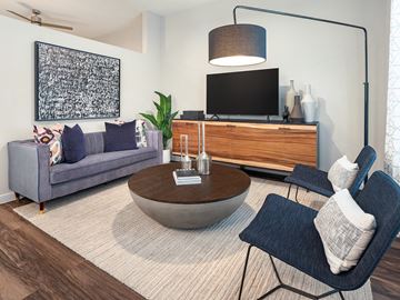 San Antonio apartment for rent - A modern living room with a grey couch, a coffee table, a TV, and a large abstract painting on the wall.