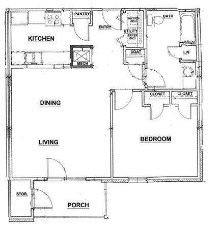 Floor plan for 1 bed, 1 bath, 760 sqft