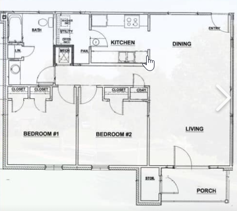 Floor plan for 2 beds, 1 bath, 1000 sqft