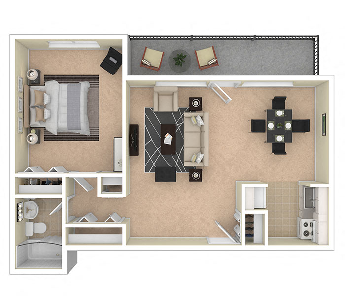 Floor plan for 1 bed, 1 bath, 740 sqft