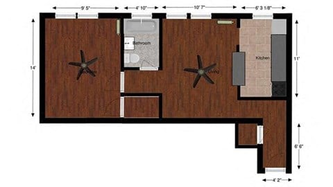 Floor plan for 1 bed, 1 bath, 650 sqft