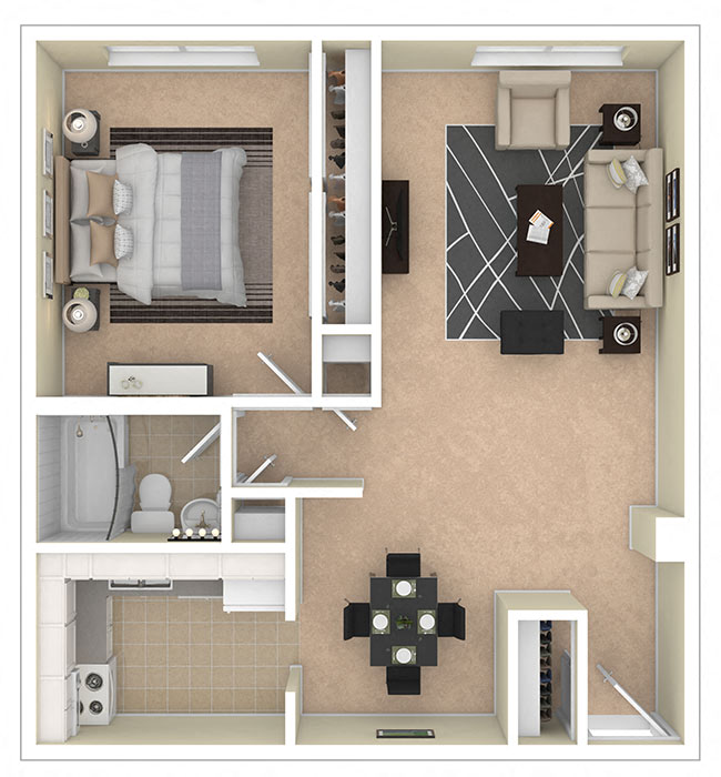 Floor plan for 1 bed, 1 bath, 730 sqft