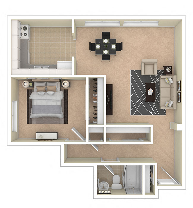 Floor plan for 1 bed, 1 bath, 740 sqft