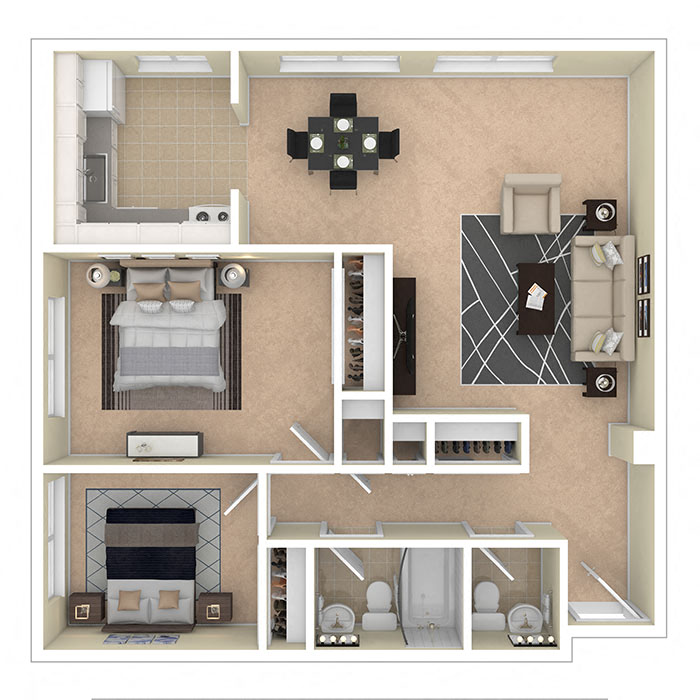 Floor plan for 2 beds, 1.5 baths, 890 sqft