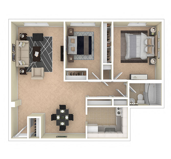 Floor plan for 2 beds, 1 bath, 950 sqft