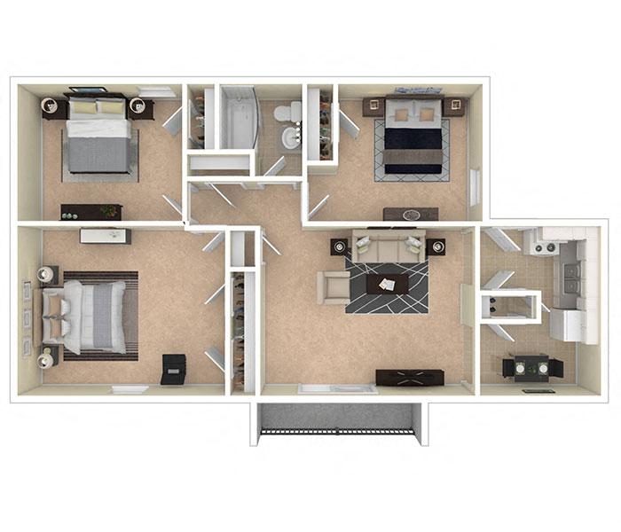 Floor plan for 3 beds, 1 bath, 1050 sqft
