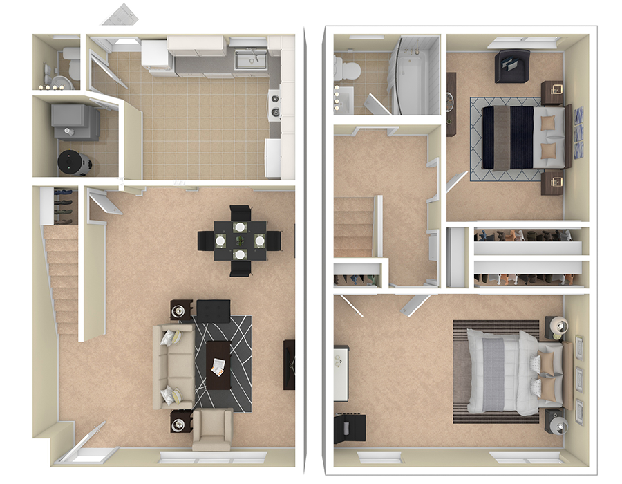 Floor plan for 2 beds, 1.5 baths, 900 sqft