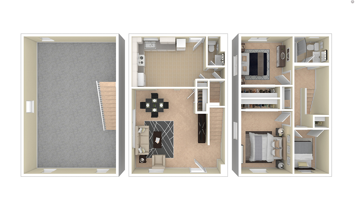 Floor plan for 3 beds, 1.5 baths, 900 sqft