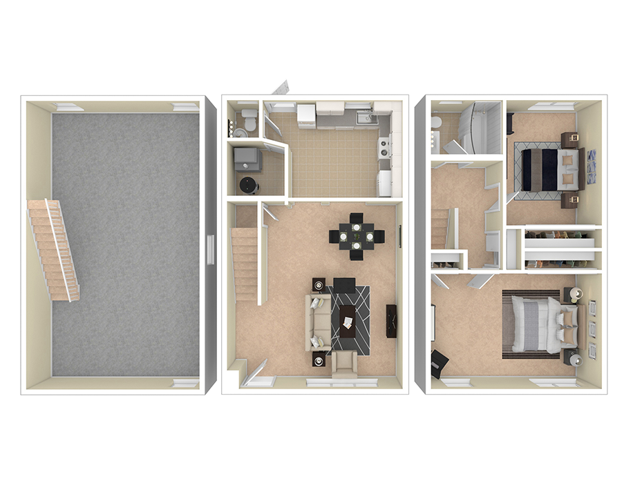 Floor plan for 2 beds, 1.5 baths, 958 sqft