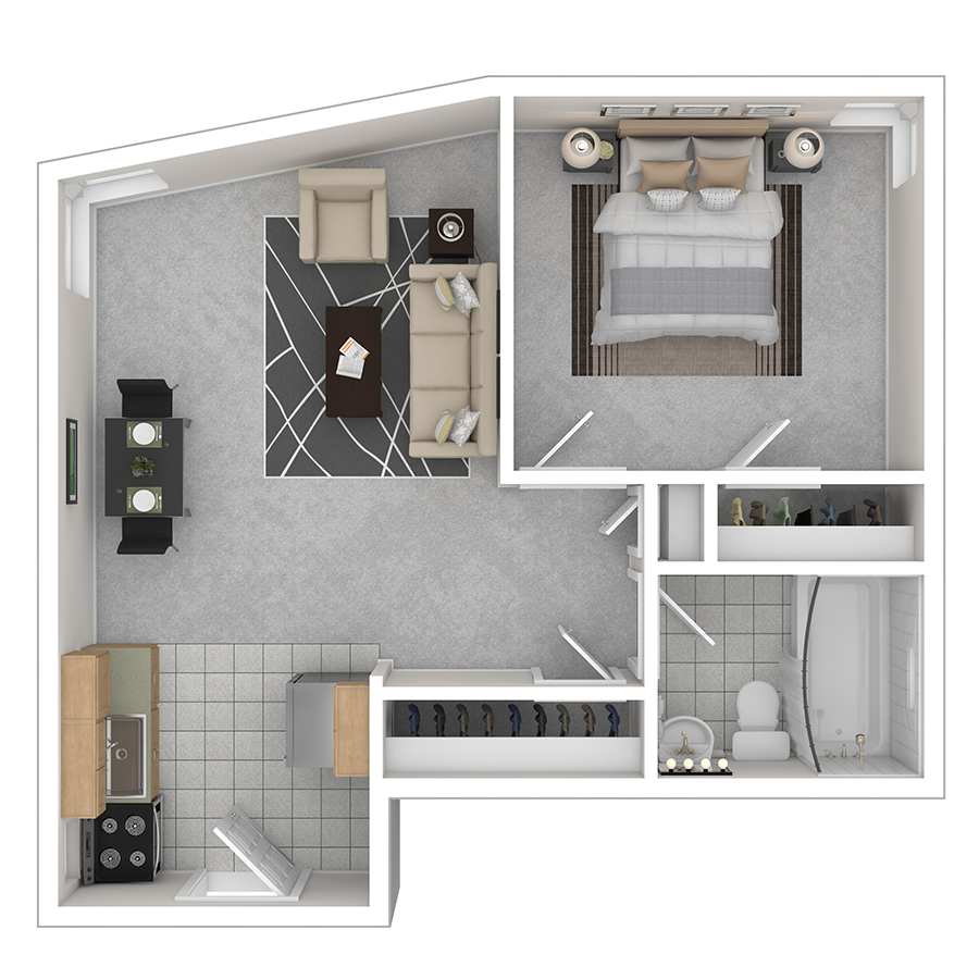Floor plan for 1 bed, 1 bath, 525 sqft